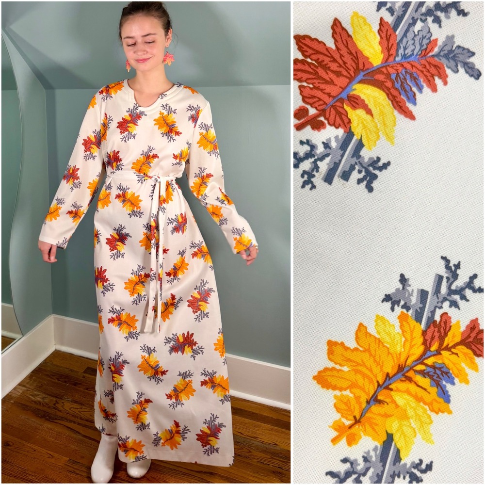 Vintage 1970s Fall Leaf Novelty Print Dress 70s Orange Halloween Thanksgiving